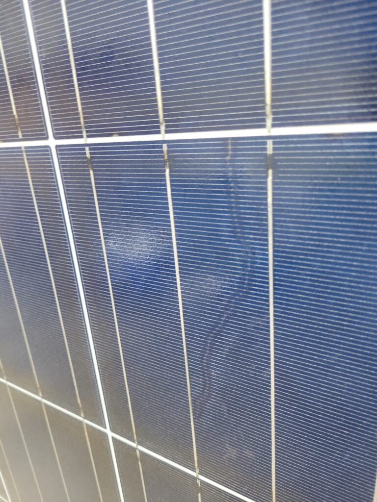 Picture of lightning damage on a solar panel.