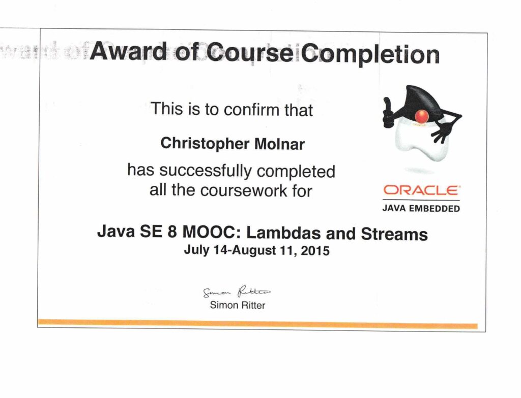 Java SE MOOC: Lambdas and Streams Certificate