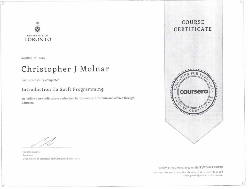 Introduction to Swift Programming Completion Certificate