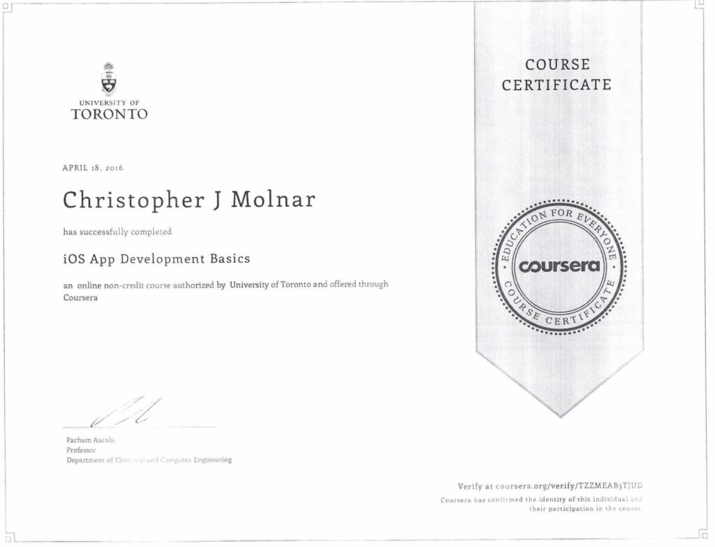 iOS App Developtment Basics Completion Certificate