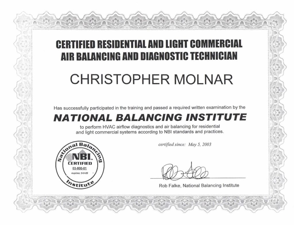 CERTIFIED RESIDENTIAL AND LIGHT COMMERCIAL AIR BALANCING AND DIAGNOSTIC TECHNICIAN