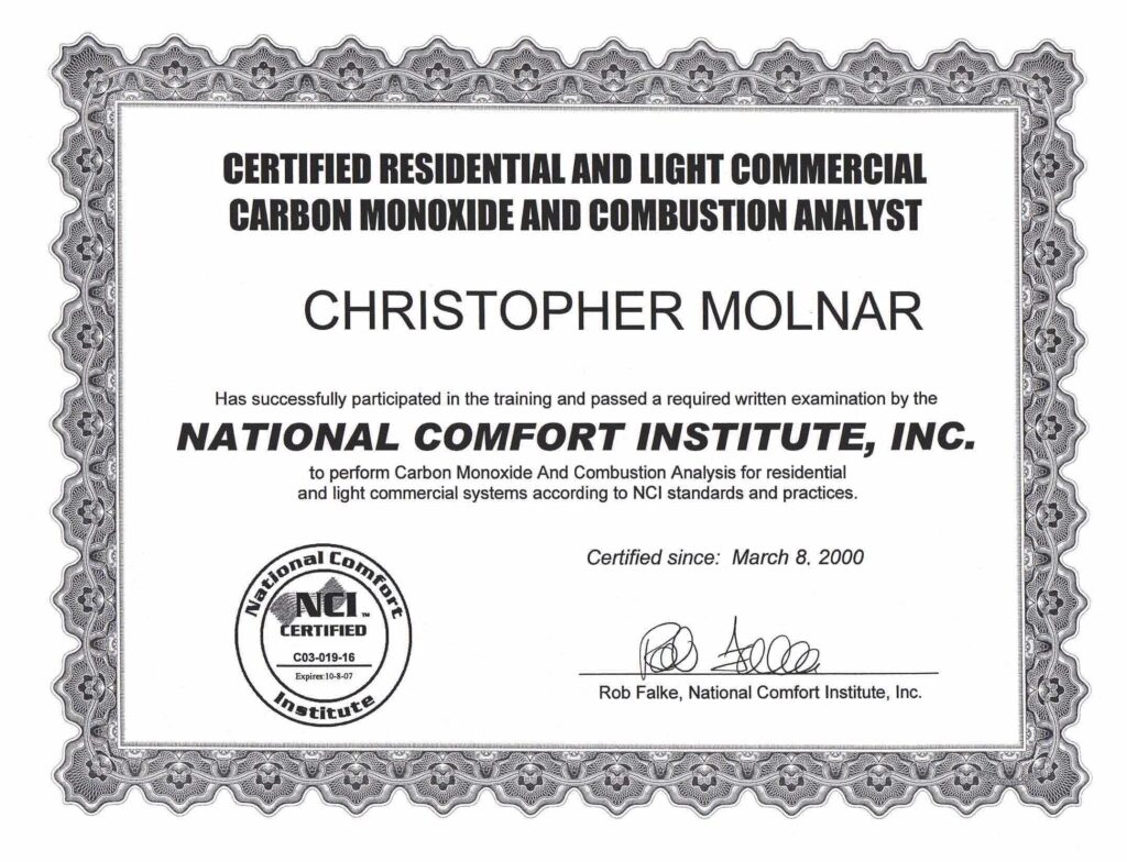 CERTIFIED RESIDENTIAL AND LIGHT COMMERCIAL CARBON MONOXIDE AND COMBUSTION ANALYST