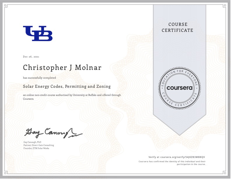 Certificate for Solar Codes, Permitting, And Zoning Training