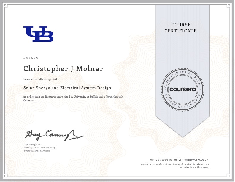 Certificate for Solar Energy, Electrical, and Design Training