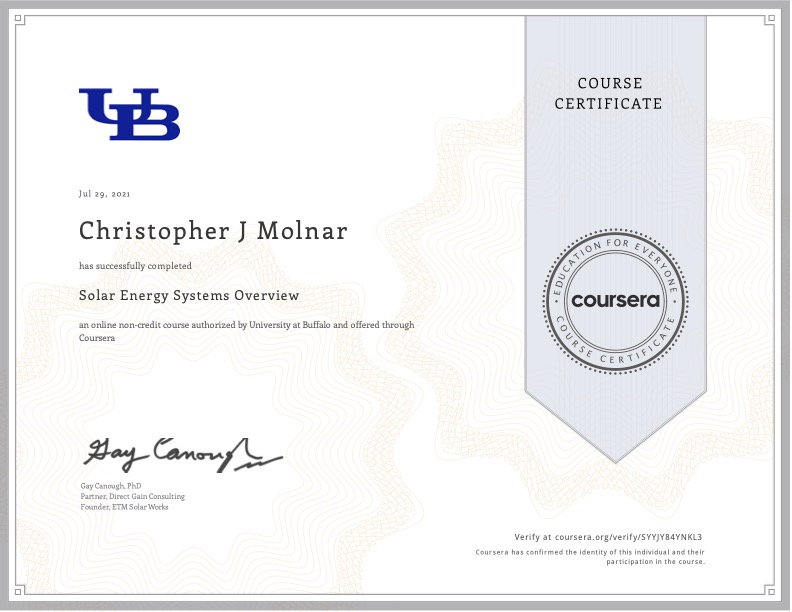 Certificate for Solar Systems Overview Training