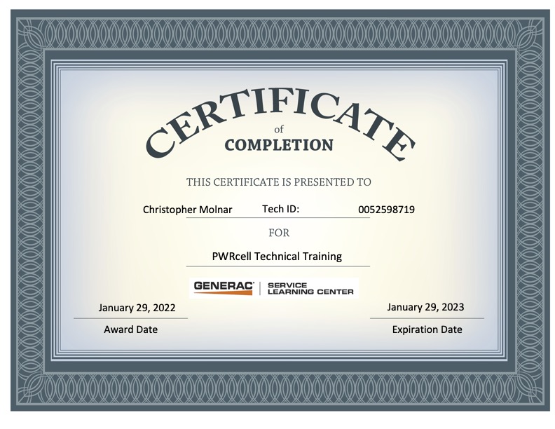 Certificate of Technical Training for PWRcell, Battery, and Solar Training