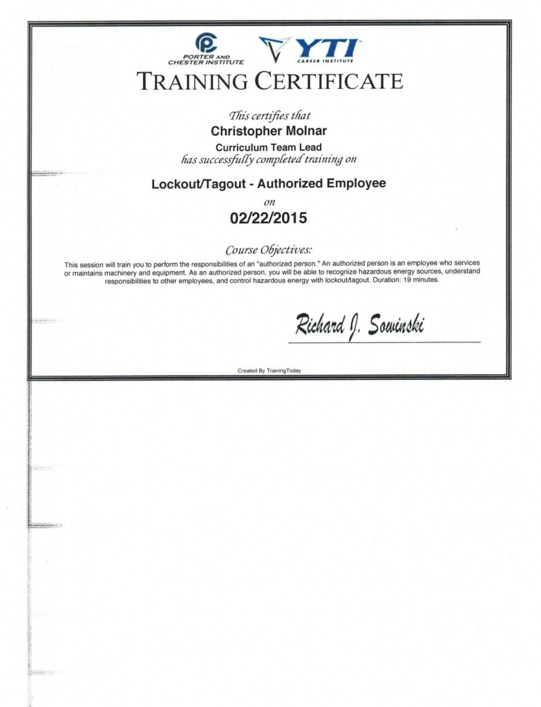 Lockout Tagout Safety Training Certificate