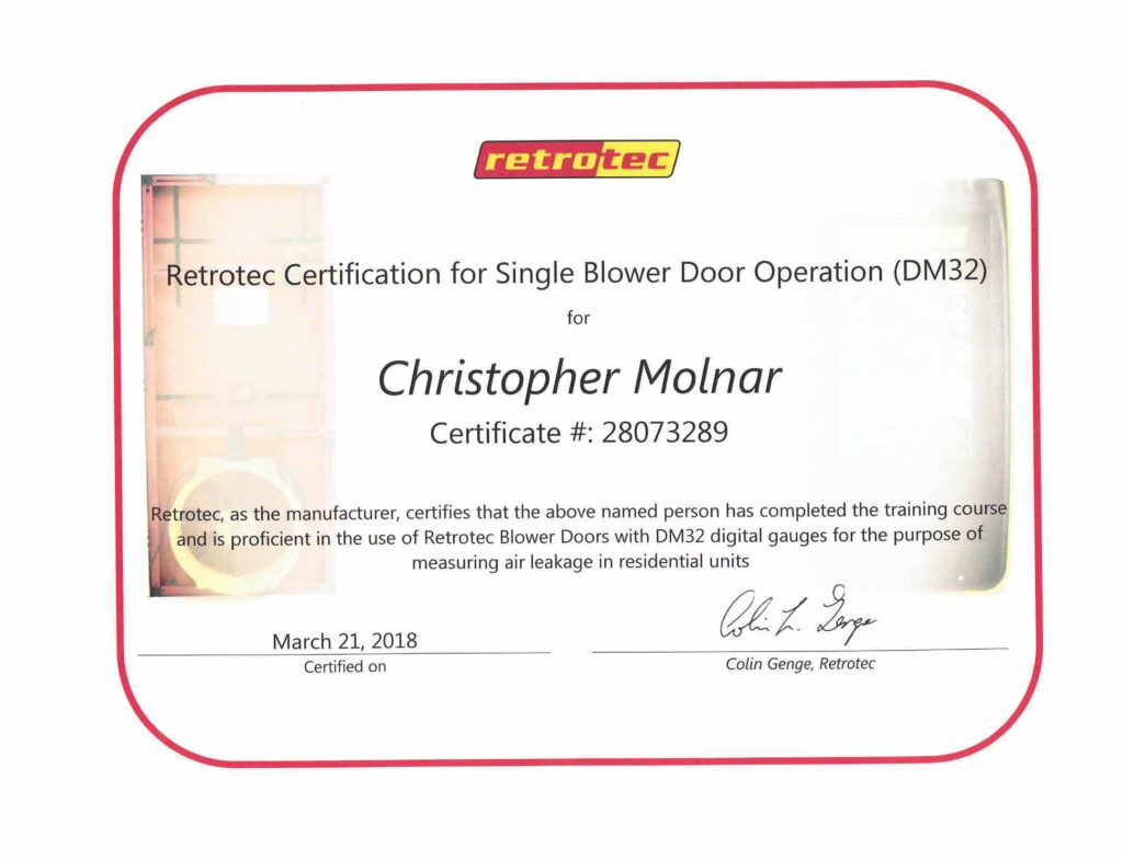 Retrotec Certification for Single Blower Door Operation (DM32)